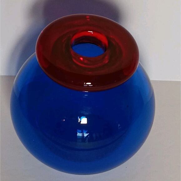 Art Glass Cobalt Blue With Red Open Top Bottle 5"H - Picture 2 of 13